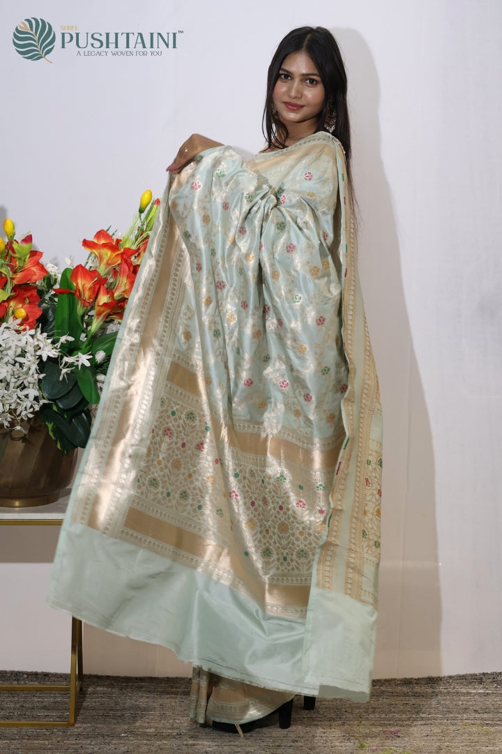 Elegant Light Grey Banarasi Pure Katan Silk Saree with Meenakari Work