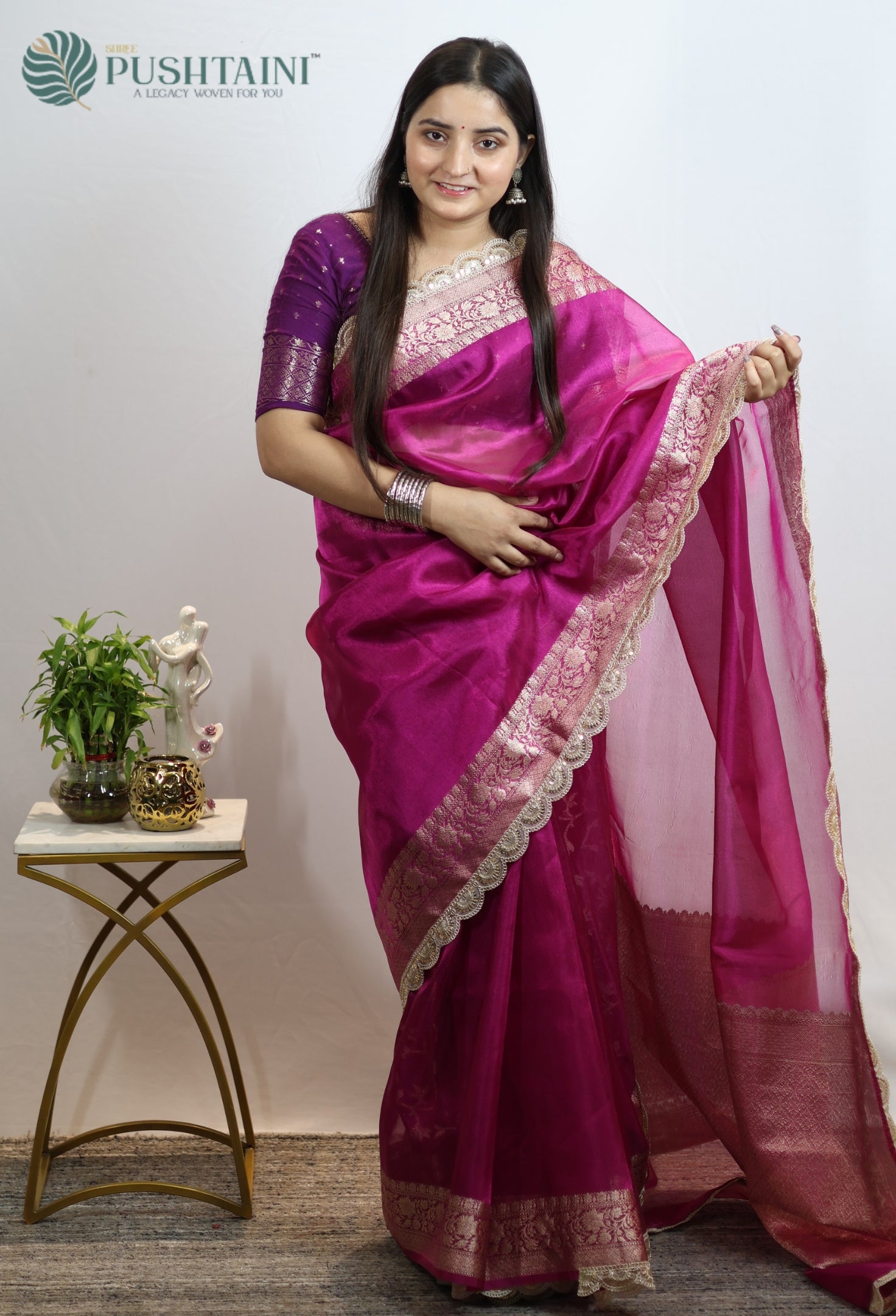 Rani Pink Dyeable Tissue Silk Saree with Lace Work