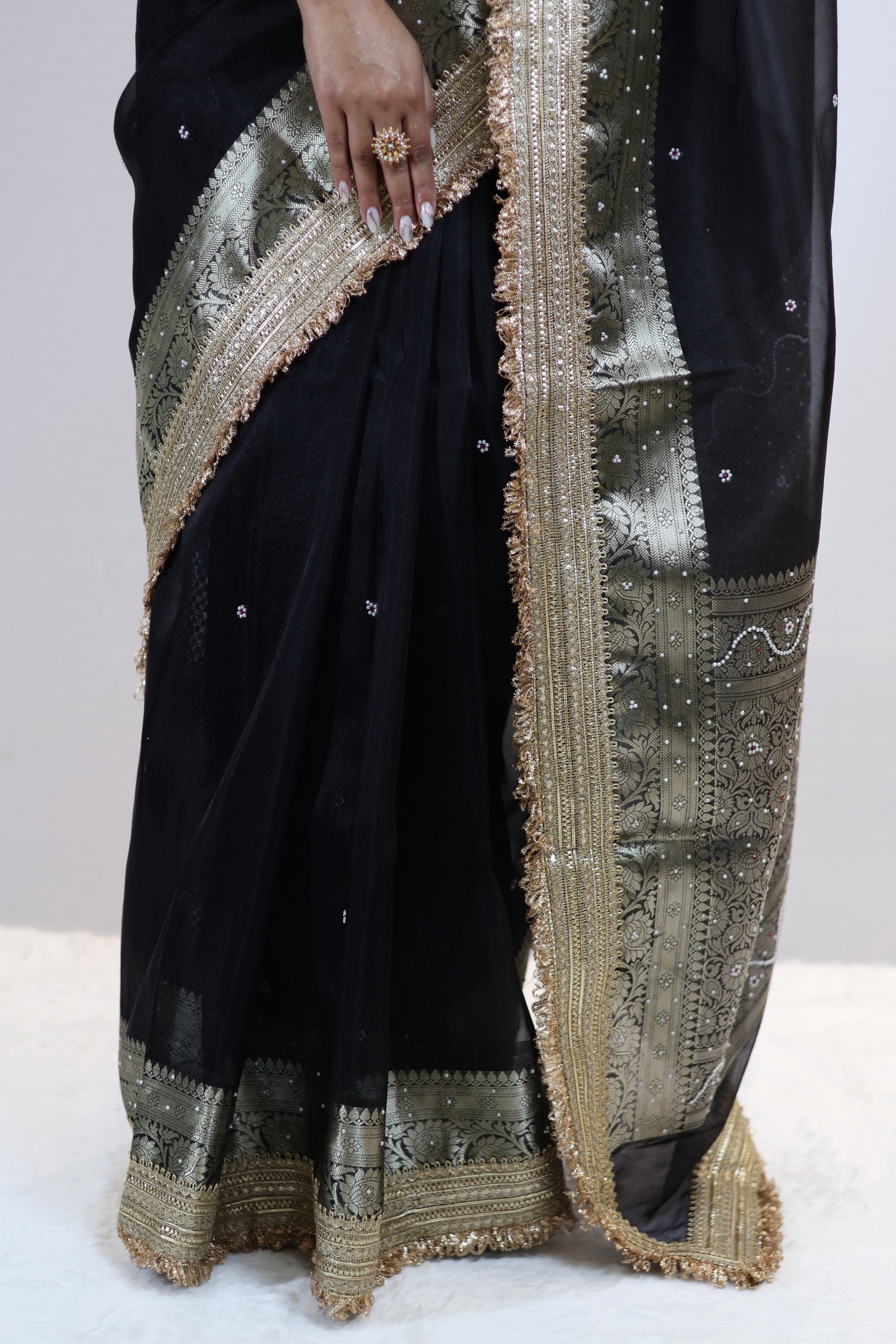 Premium Black Tissue Silk Saree with Stone Work & Double Lace