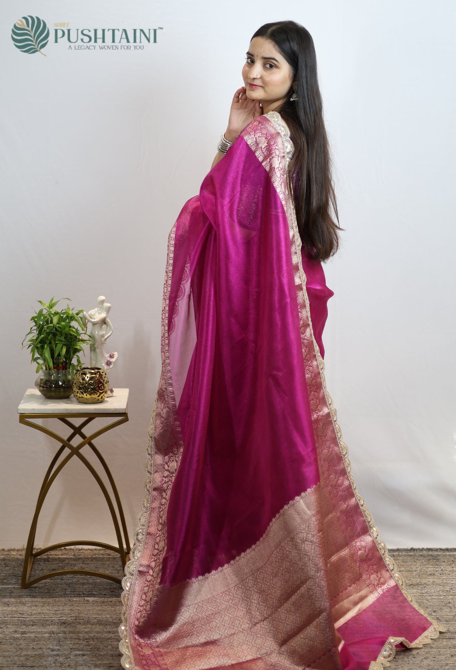 Rani Pink Dyeable Tissue Silk Saree with Lace Work