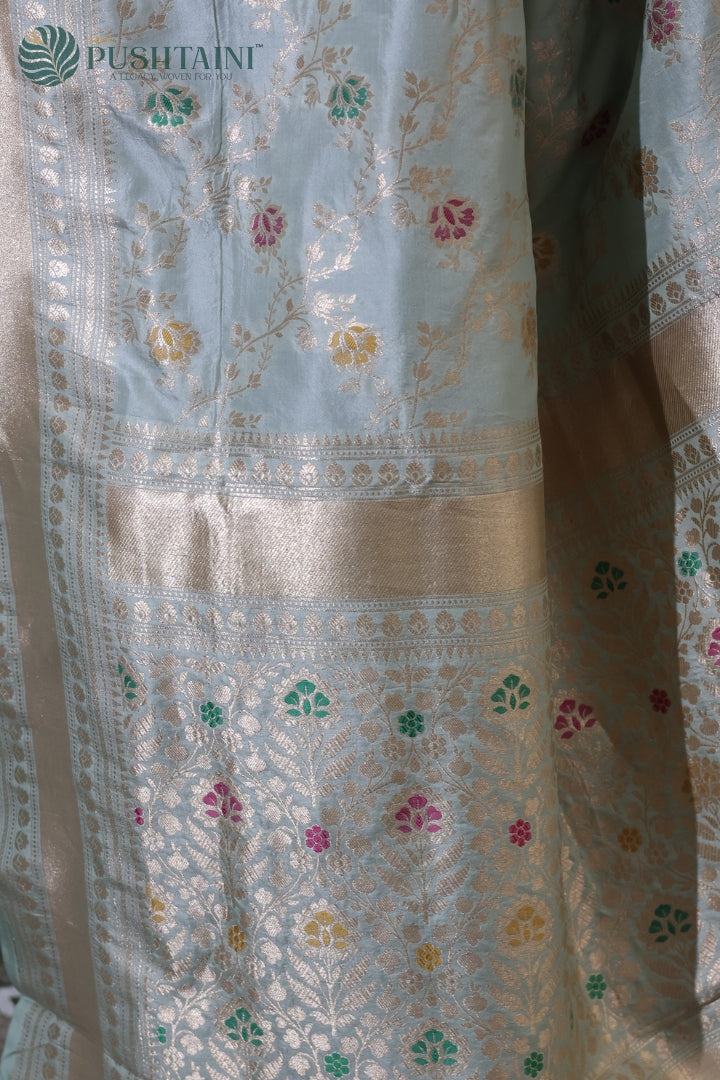 Elegant Light Grey Banarasi Pure Katan Silk Saree with Meenakari Work