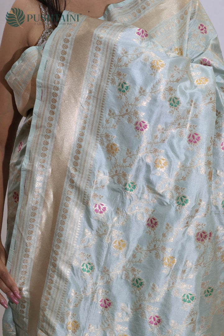Elegant Light Grey Banarasi Pure Katan Silk Saree with Meenakari Work