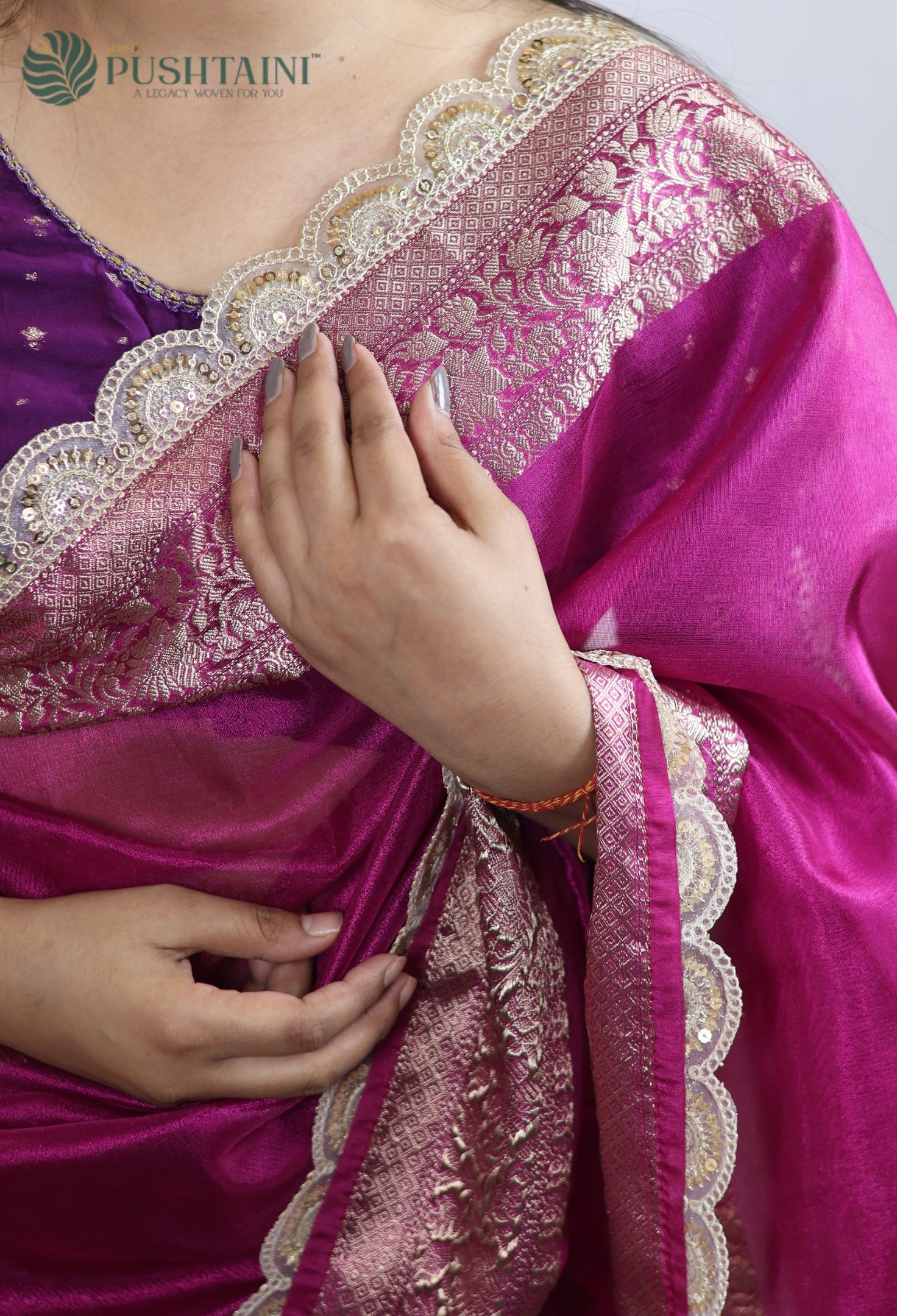 Rani Pink Dyeable Tissue Silk Saree with Lace Work