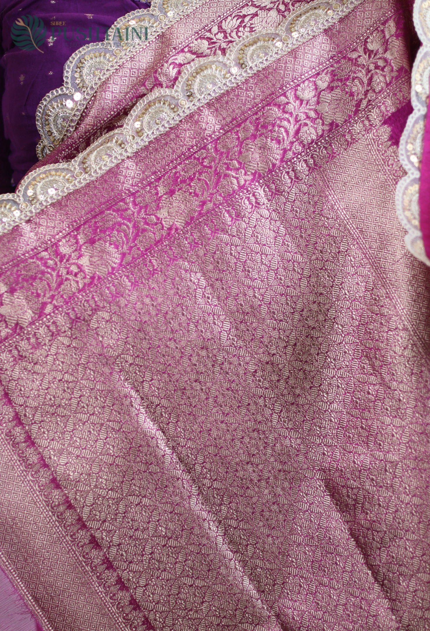 Rani Pink Dyeable Tissue Silk Saree with Lace Work