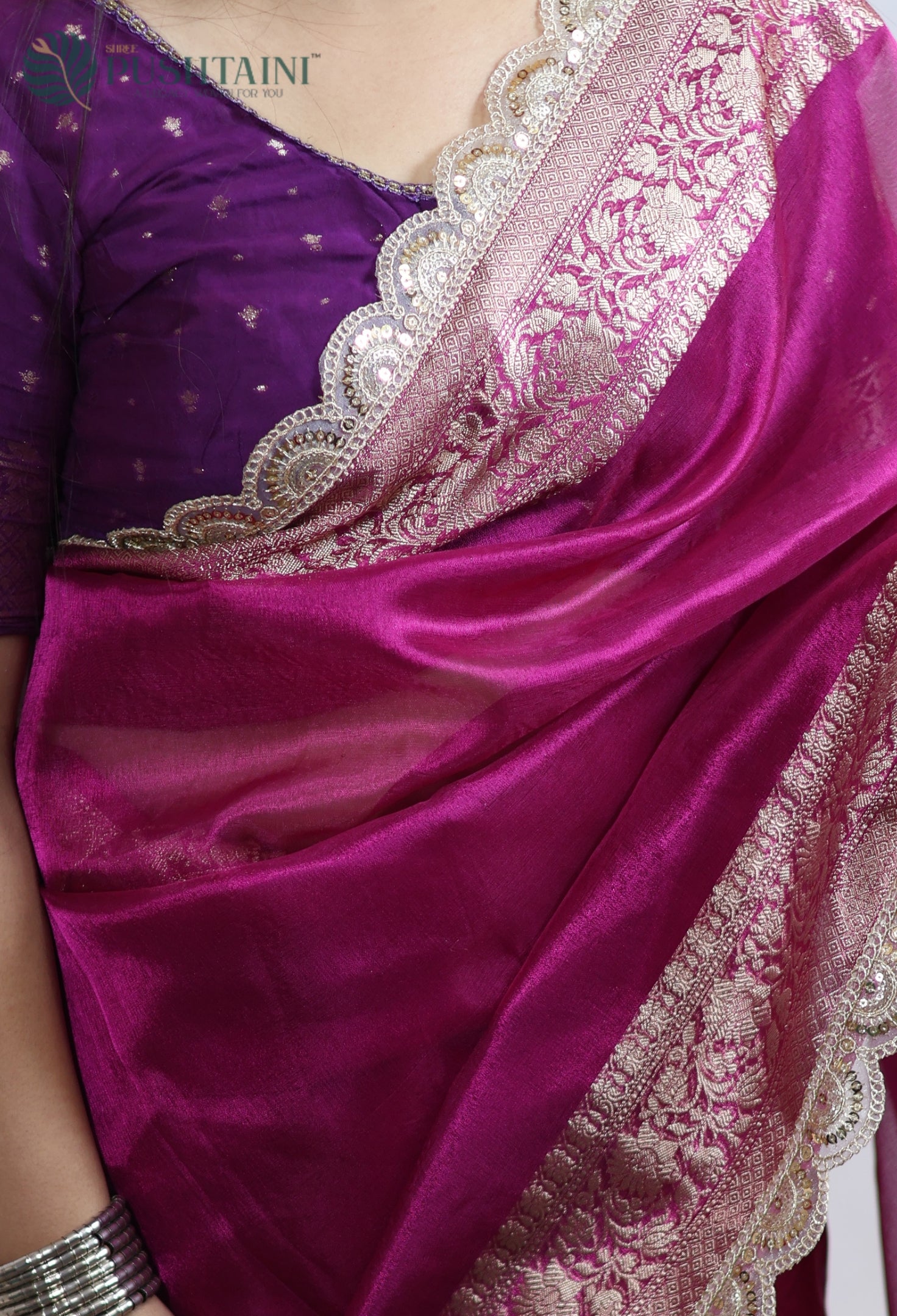 Rani Pink Dyeable Tissue Silk Saree with Lace Work