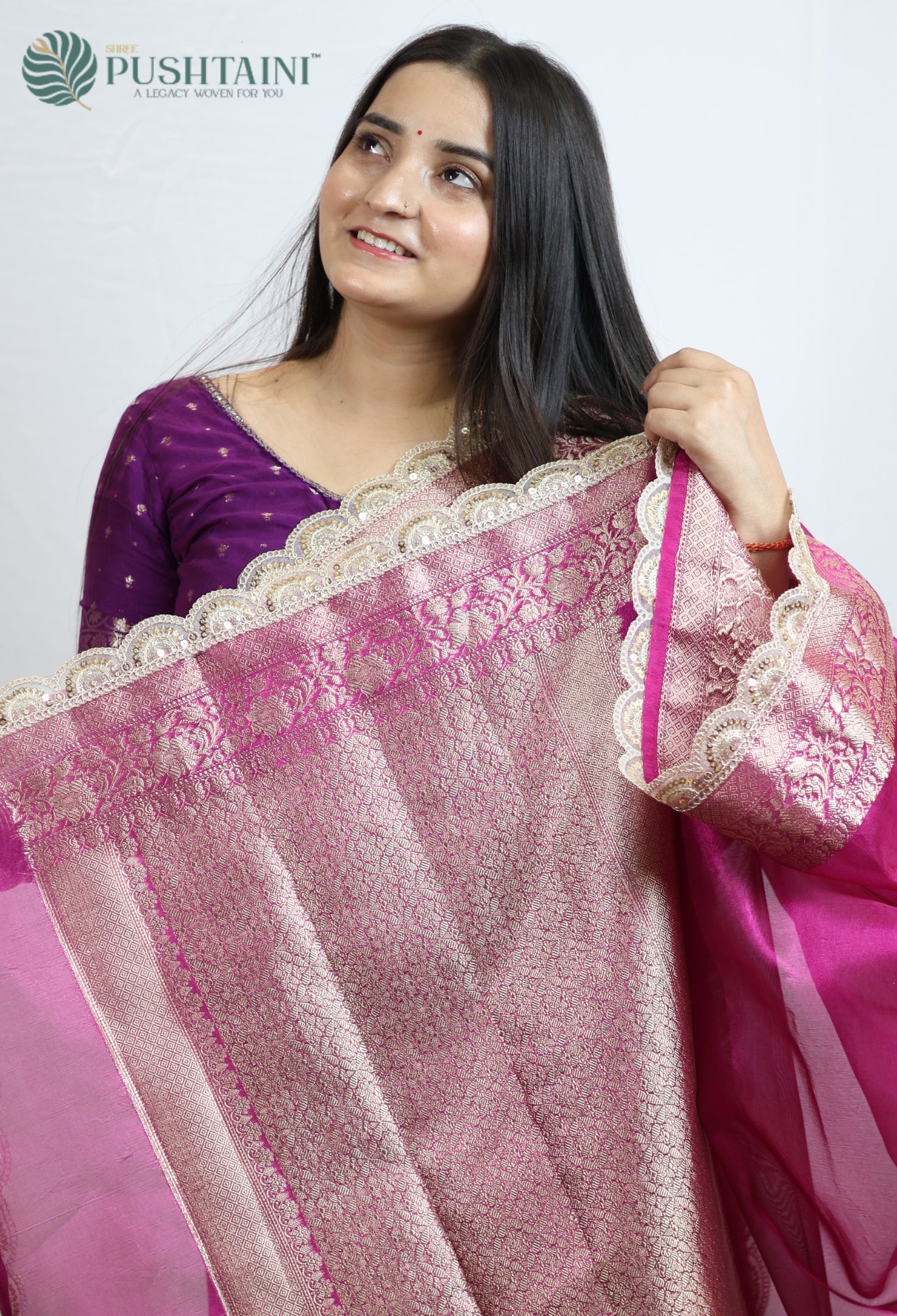Rani Pink Dyeable Tissue Silk Saree with Lace Work