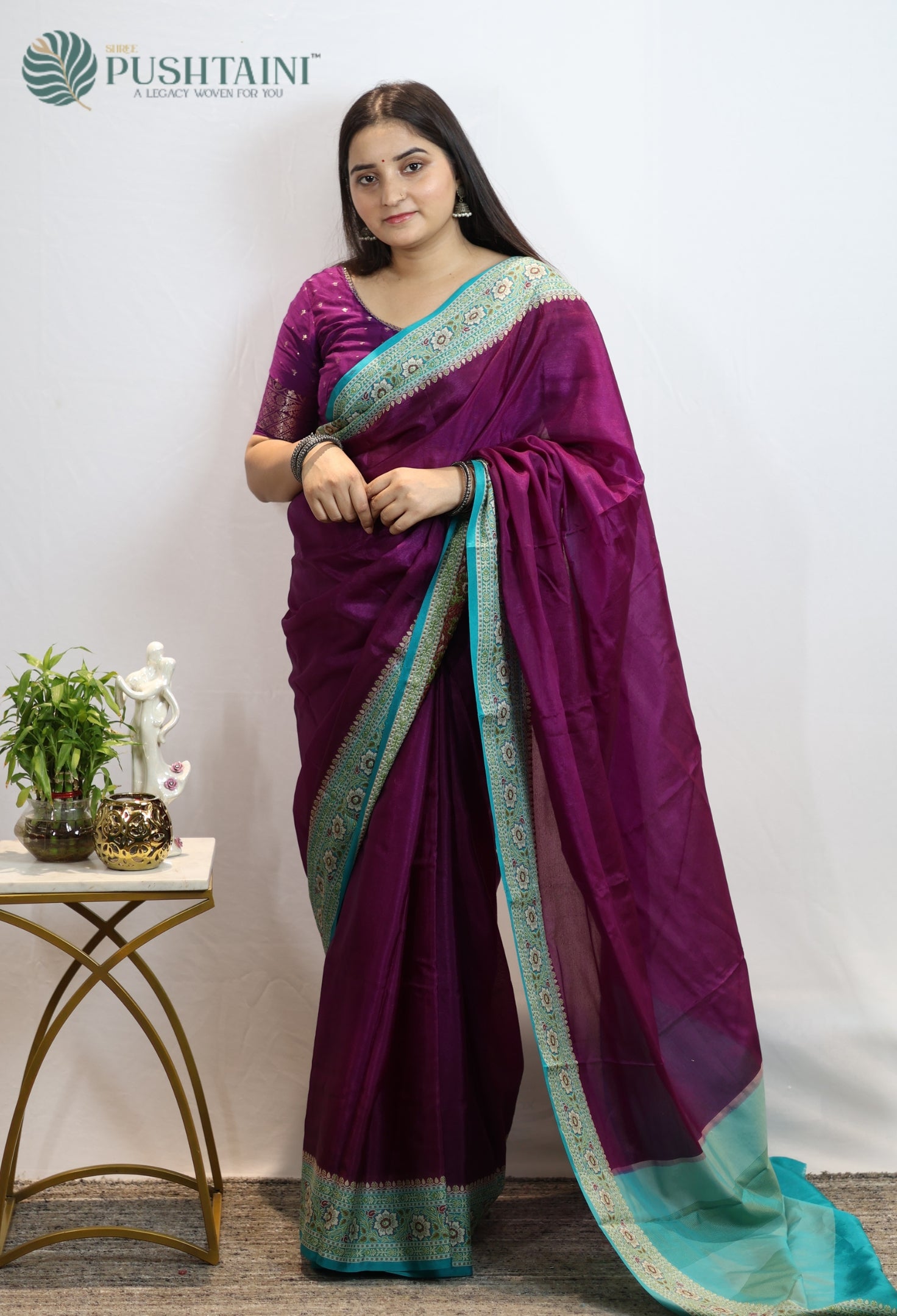 Dark Purple Warm Silk Saree With Anchal Border work