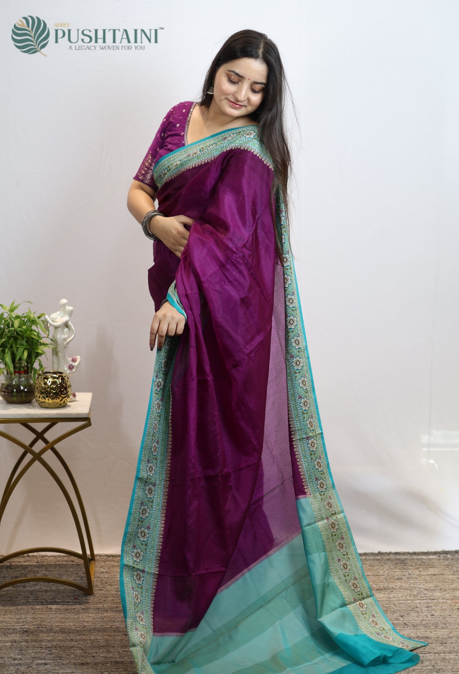 Dark Purple Warm Silk Saree With Anchal Border work