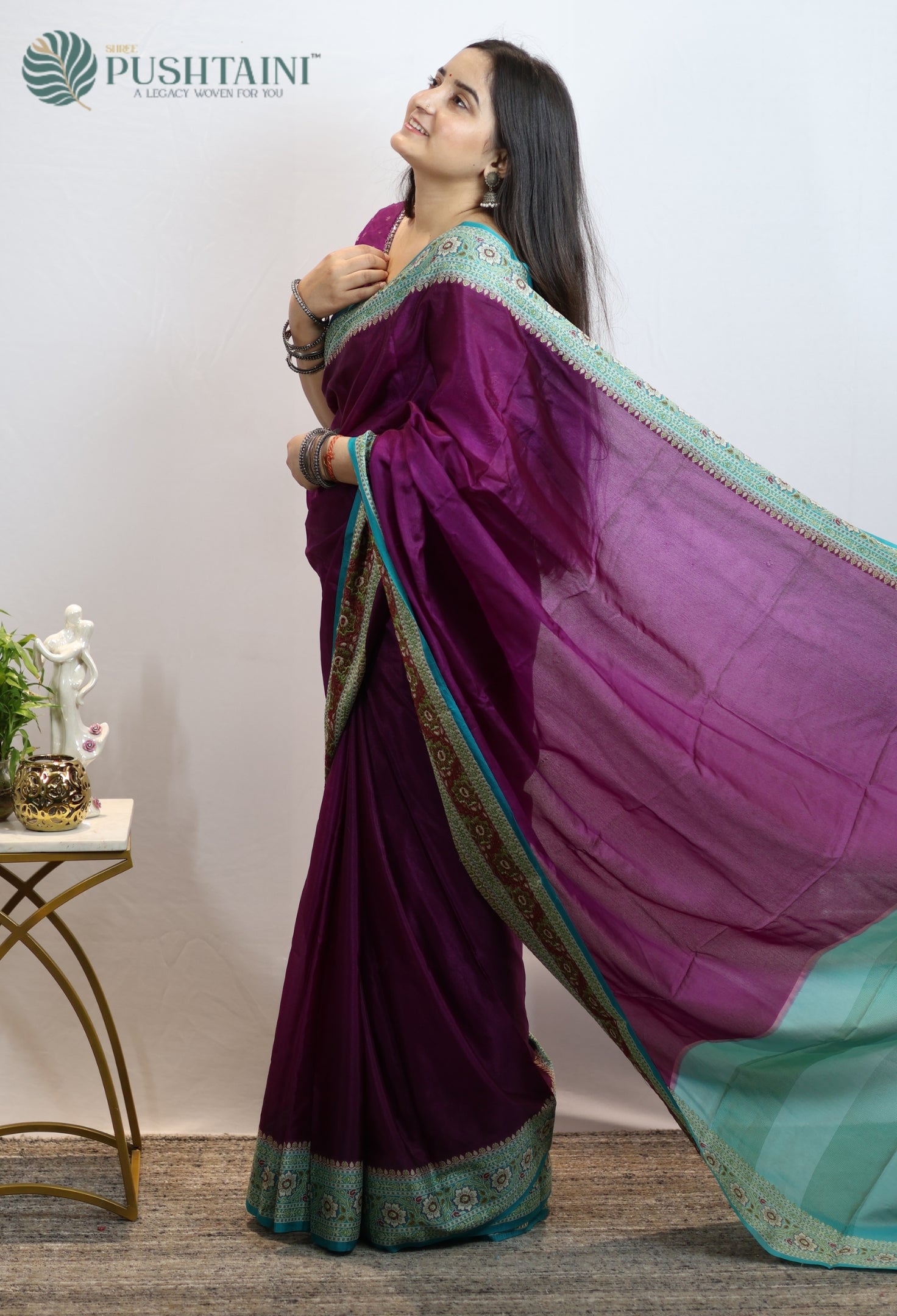 Dark Purple Warm Silk Saree With Anchal Border work