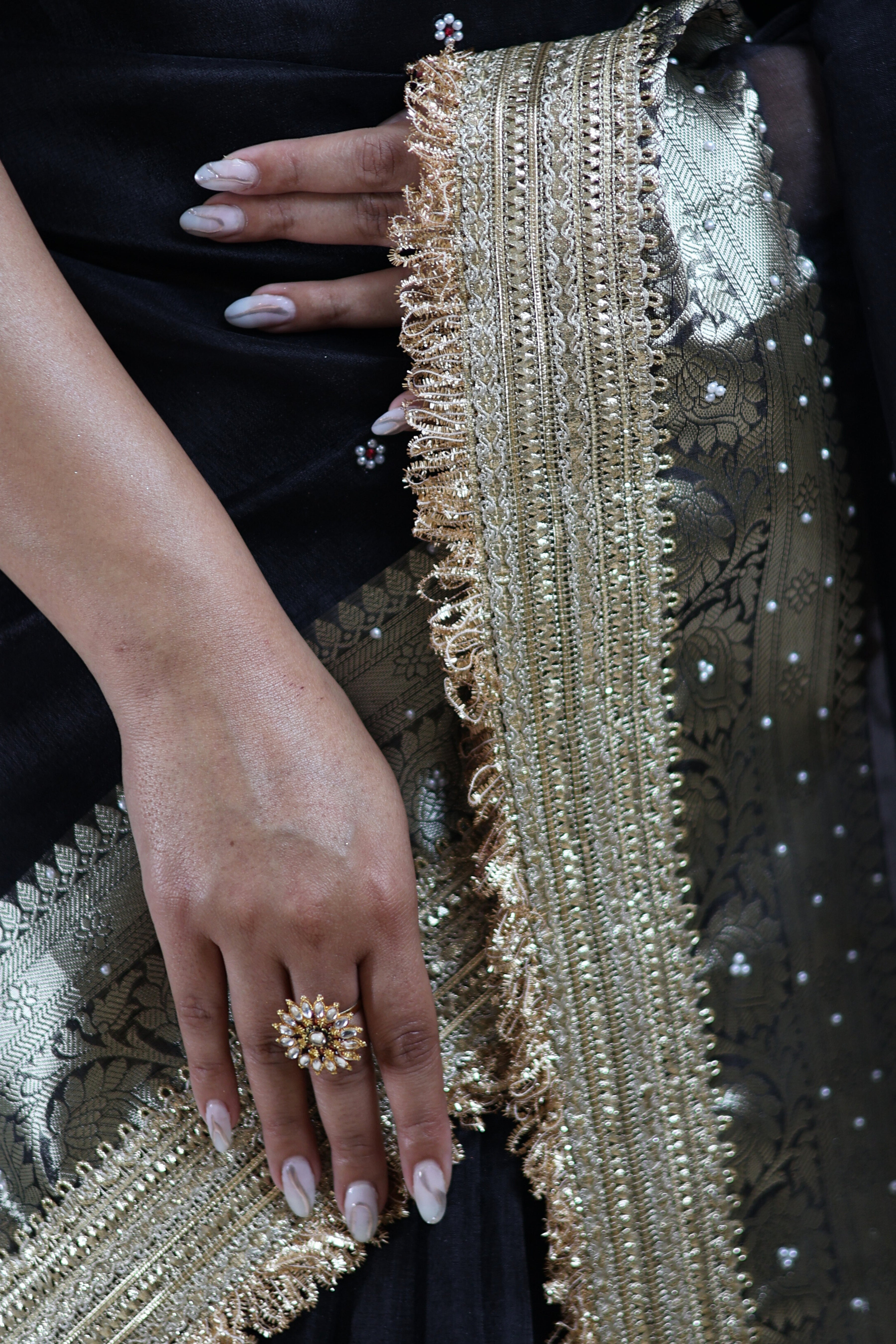 Premium Black Tissue Silk Saree with Stone Work & Double Lace