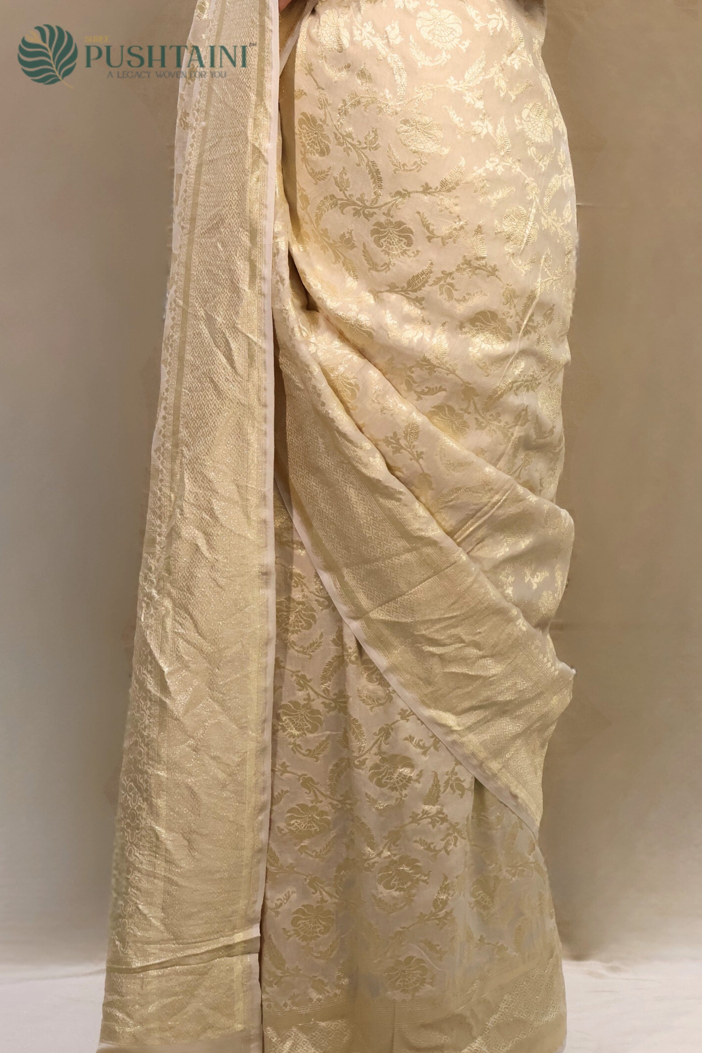 Cream White Pure Khaddi Munga Silk Saree  Water Zari
