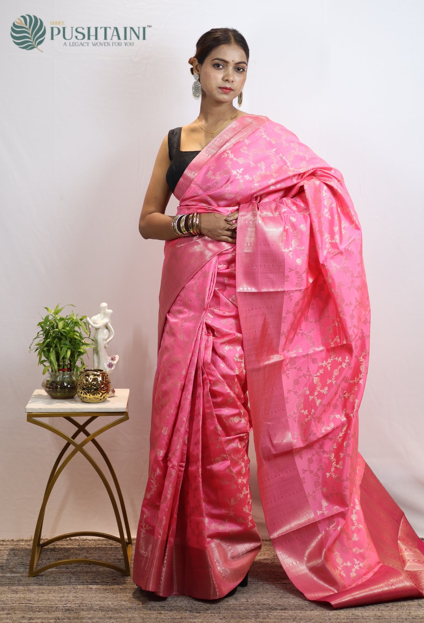 Gulabi Pink Soft Silk Saree with Allover Zari work