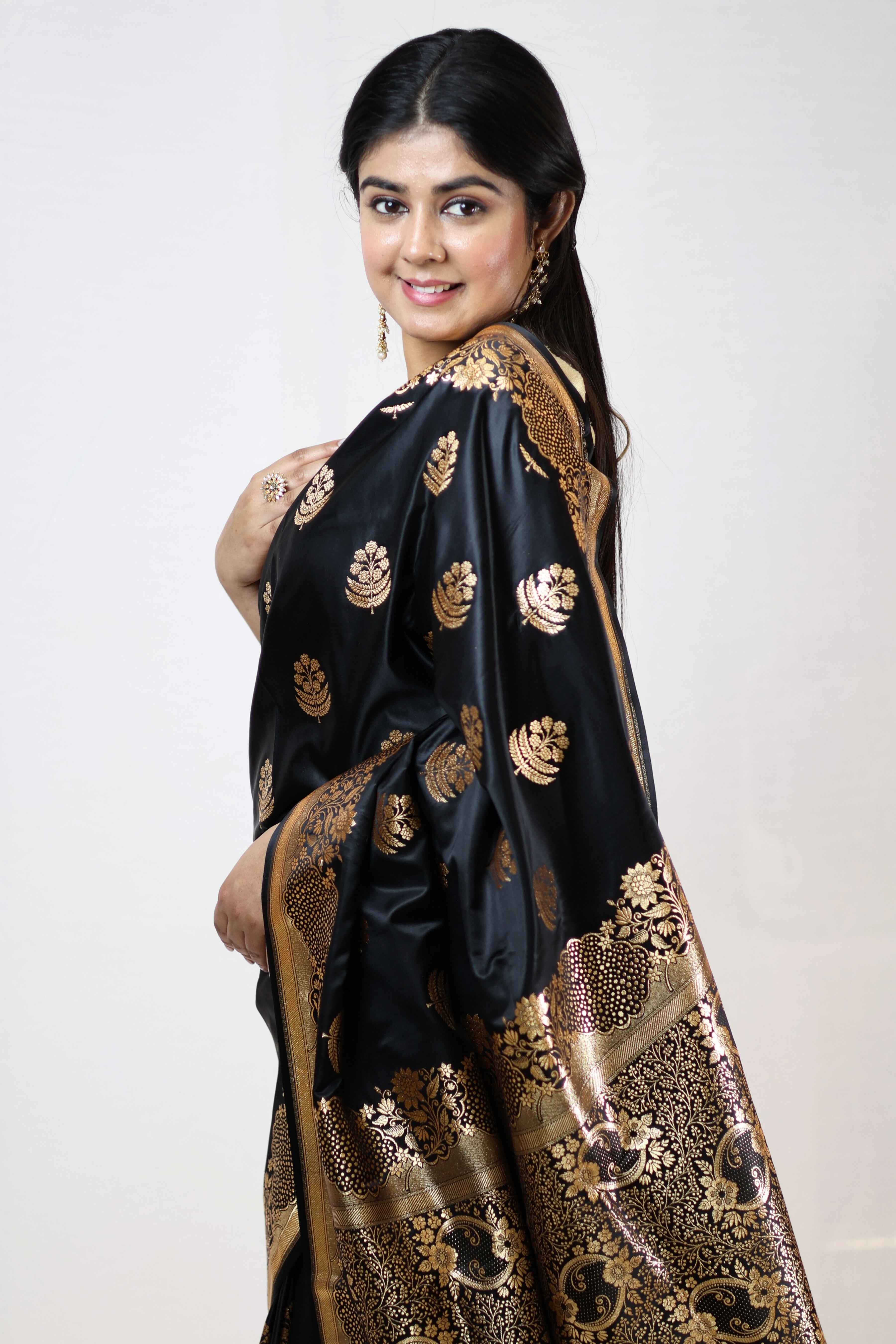 Noir Black Satin Silk Saree