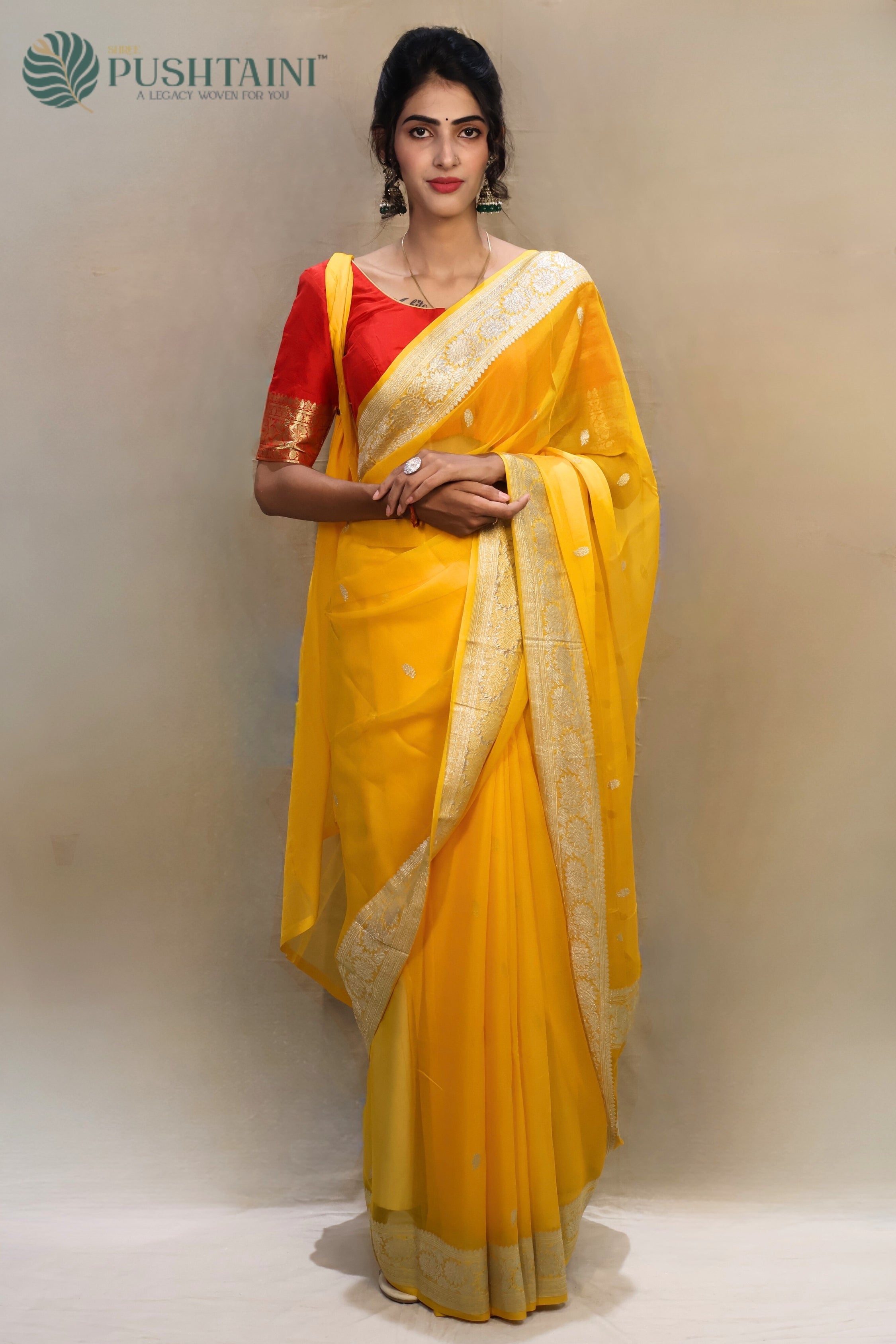 Yellow Pure Khaddi Georgette Kaduwa Buti Saree