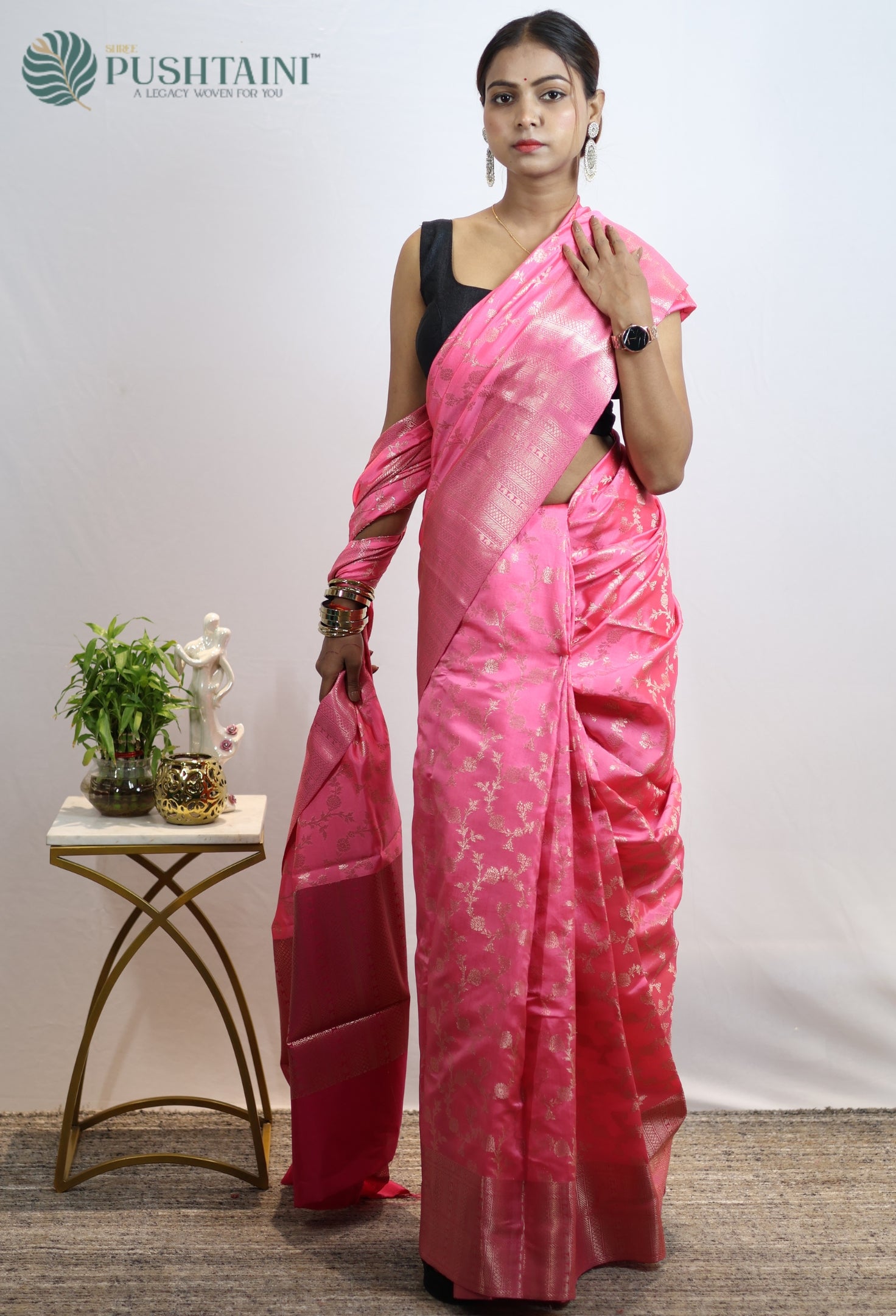 Gulabi Pink Soft Silk Saree with Allover Zari work
