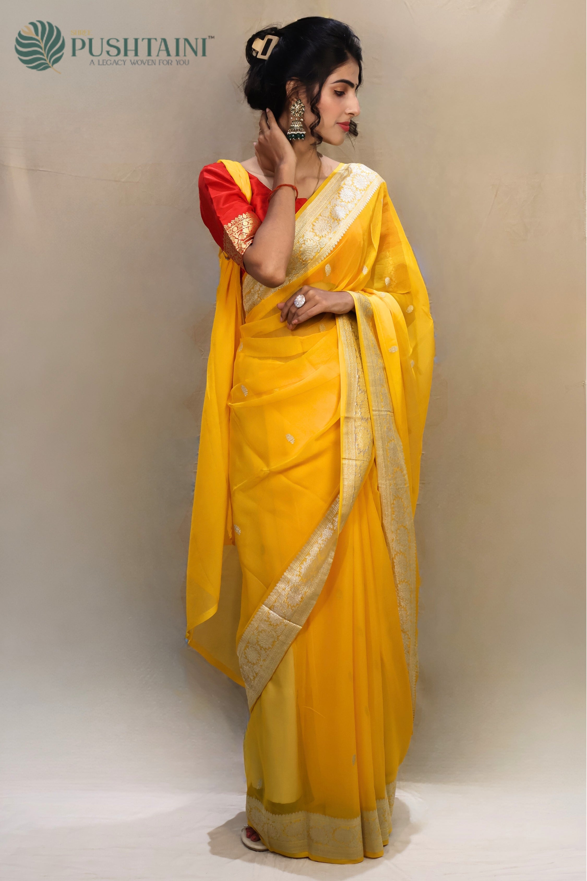 Yellow Pure Khaddi Georgette Kaduwa Buti Saree
