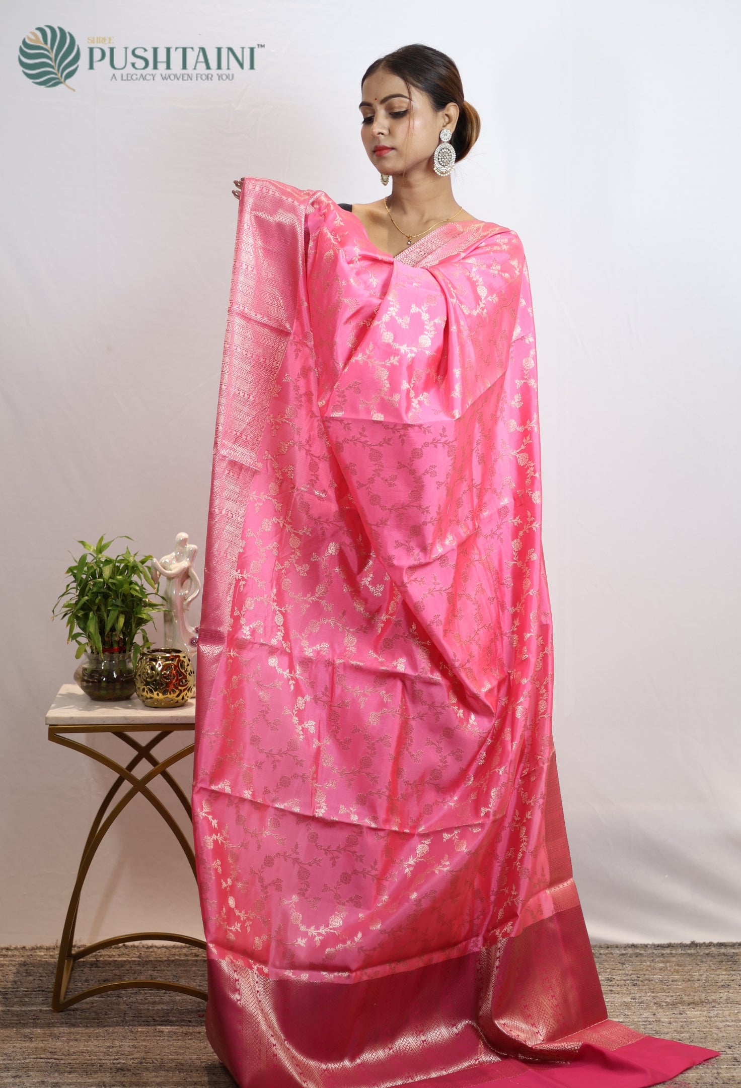 Gulabi Pink Soft Silk Saree with Allover Zari work