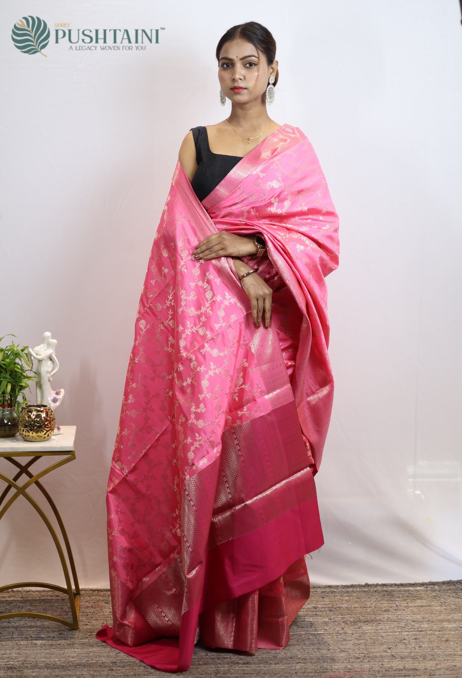 Gulabi Pink Soft Silk Saree with Allover Zari work