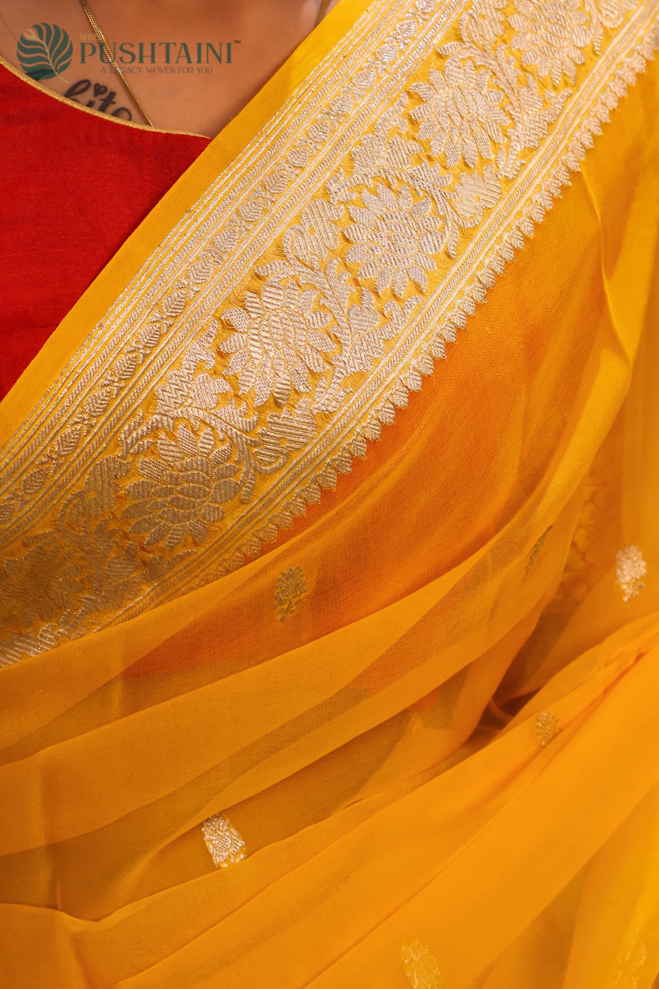 Yellow Pure Khaddi Georgette Kaduwa Buti Saree