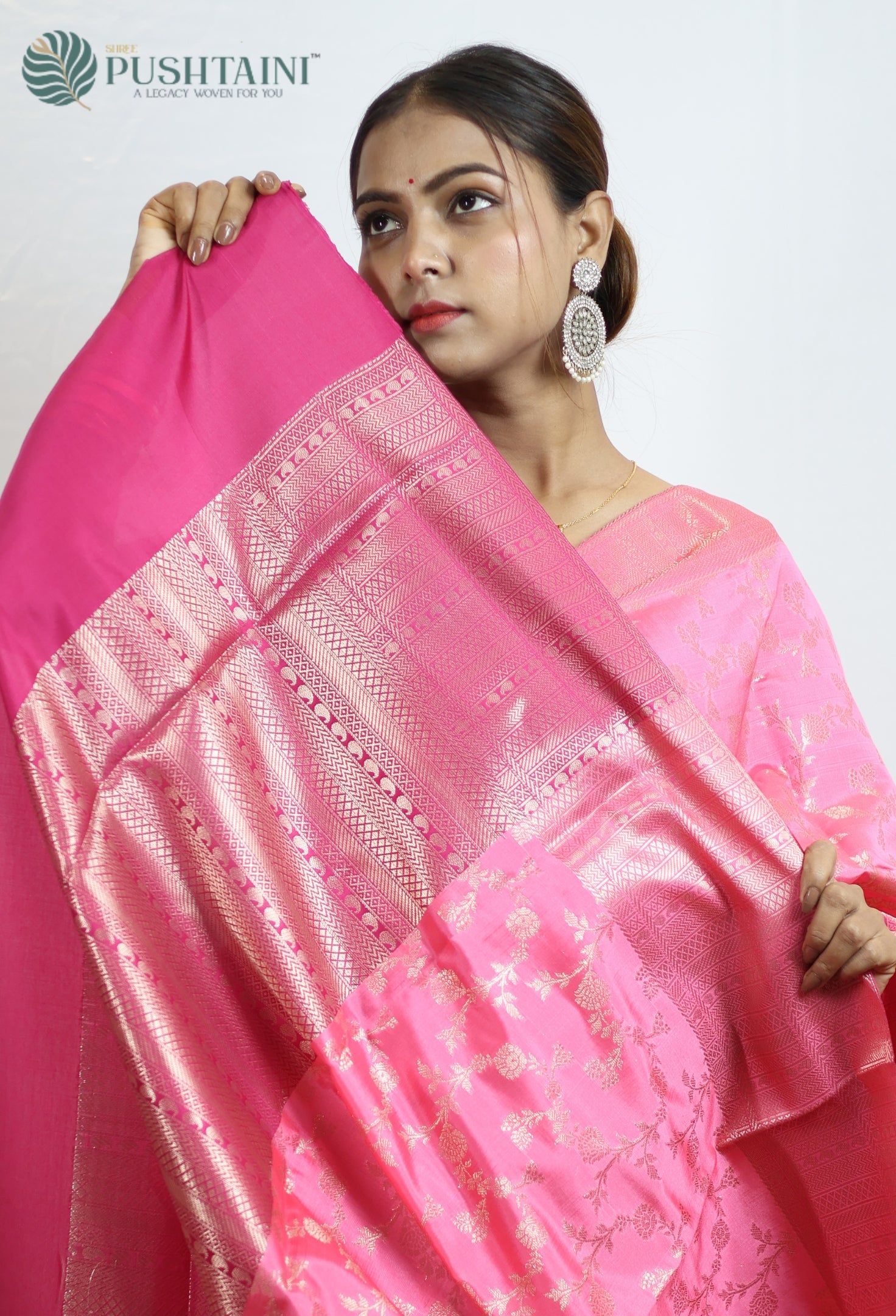 Gulabi Pink Soft Silk Saree with Allover Zari work