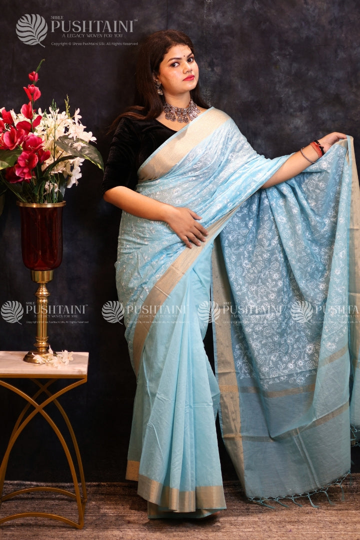 Sky Blue Embroidery work Fancy Cotton Saree