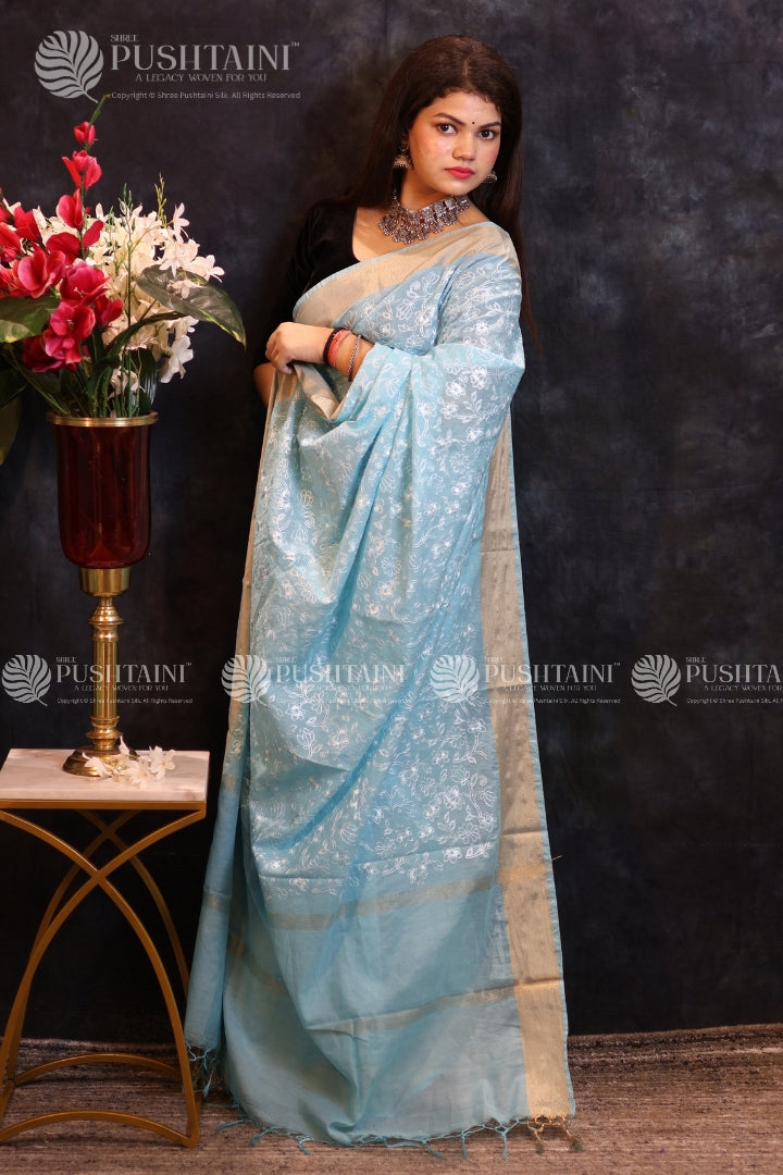 Sky Blue Embroidery work Fancy Cotton Saree