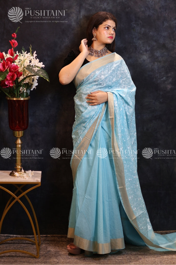 Sky Blue Embroidery work Fancy Cotton Saree