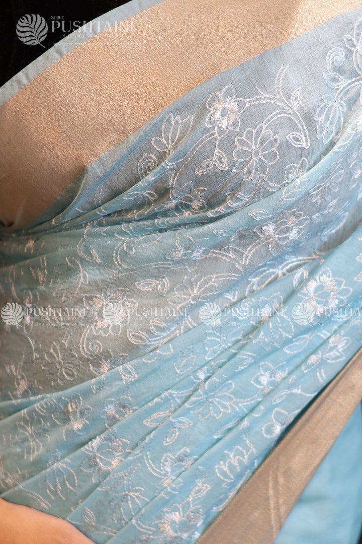 Sky Blue Embroidery work Fancy Cotton Saree