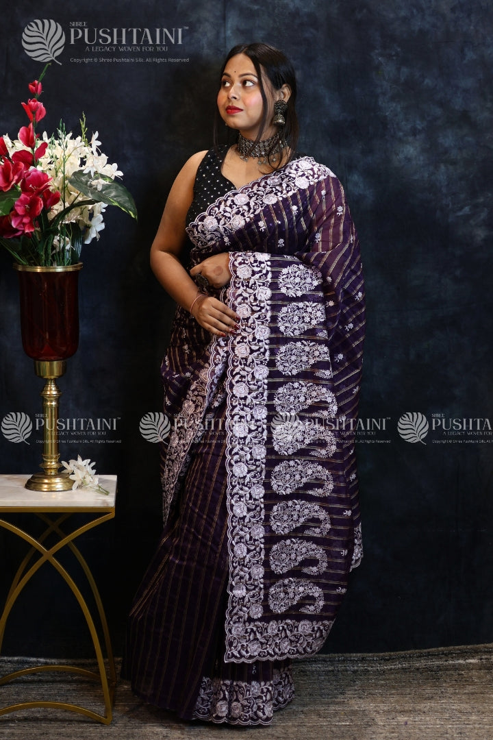 Purple Embriodery Fancy Saree