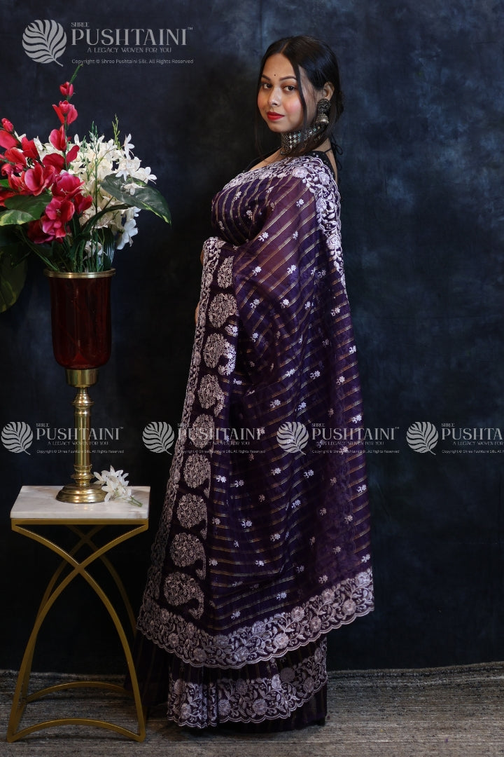 Purple Embriodery Fancy Saree
