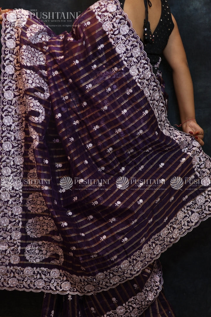 Purple Embriodery Fancy Saree