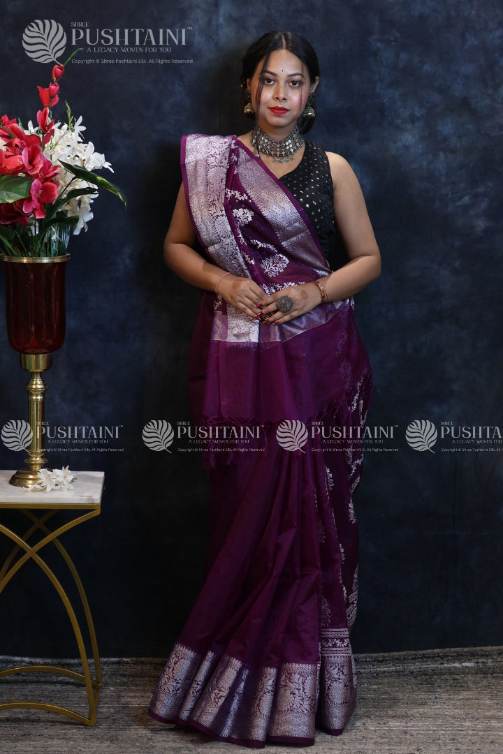 Purple Embroidery work Fancy Saree