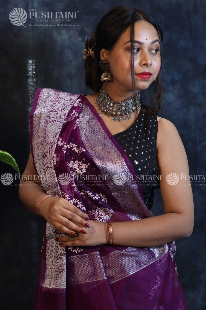 Purple Embroidery work Fancy Saree