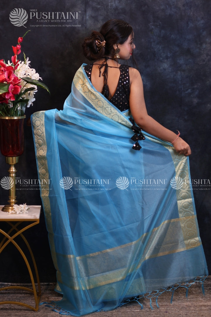 Sky Blue Anchal Border Saree