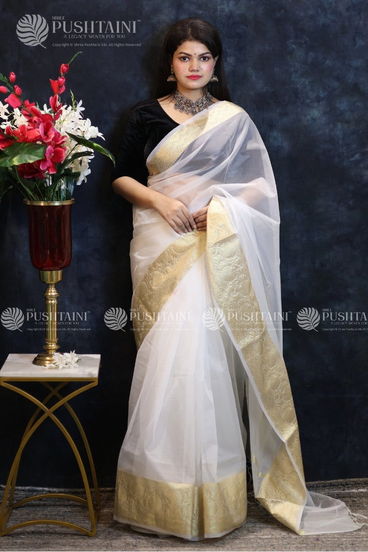 White Colour Anchal border Saree