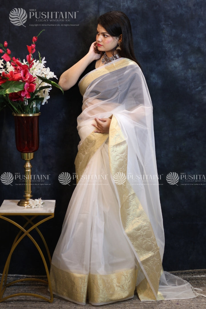 White Colour Anchal border Saree