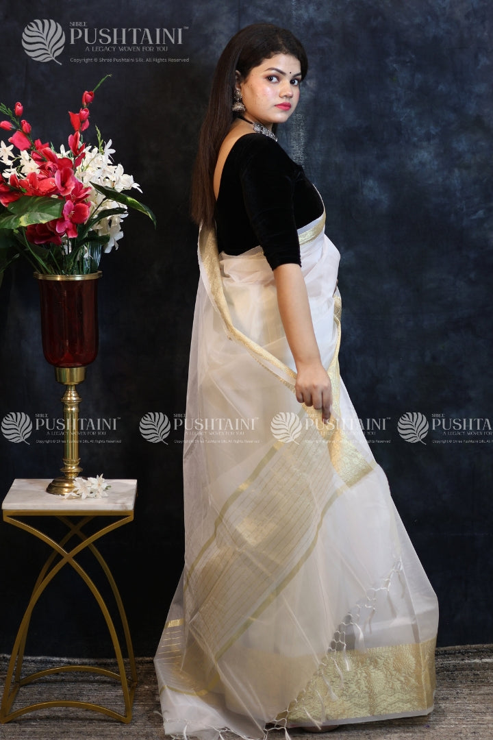White Colour Anchal border Saree