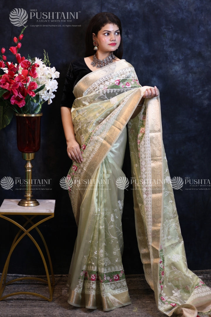 Mint Green Embroidery Fancy Saree