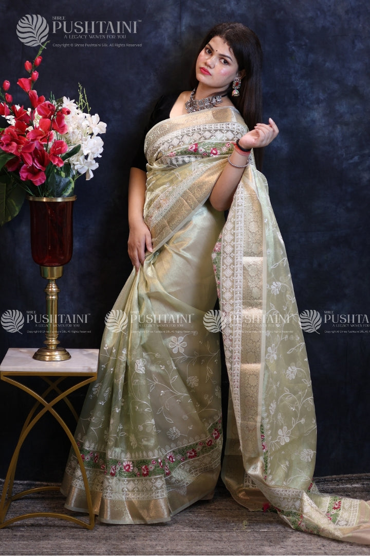 Mint Green Embroidery Fancy Saree