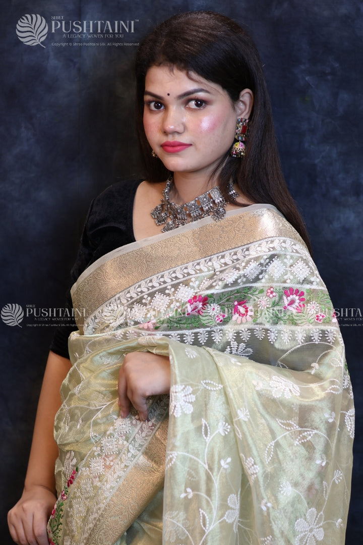Mint Green Embroidery Fancy Saree