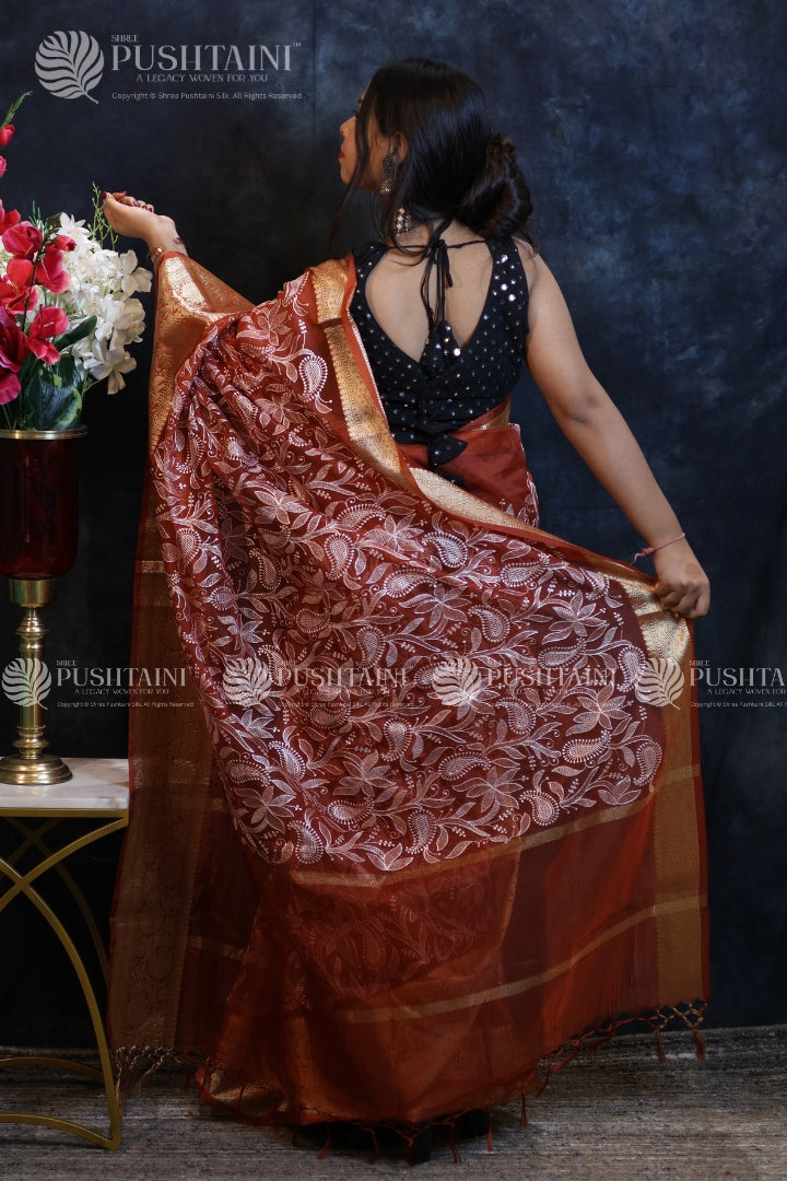 Red & White Embroidery Fancy Saree