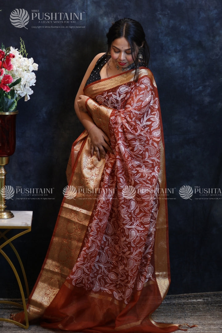 Red & White Embroidery Fancy Saree