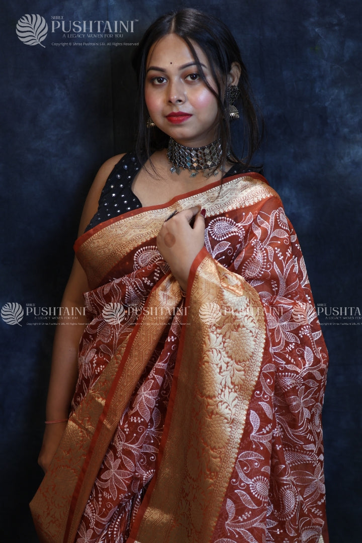 Red & White Embroidery Fancy Saree