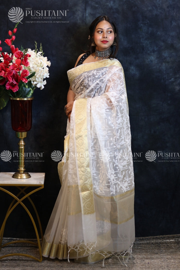 White Embroidery Fancy Saree