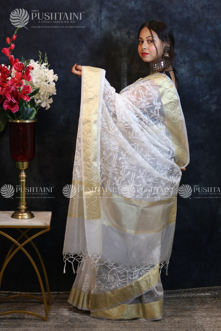 White Embroidery Fancy Saree