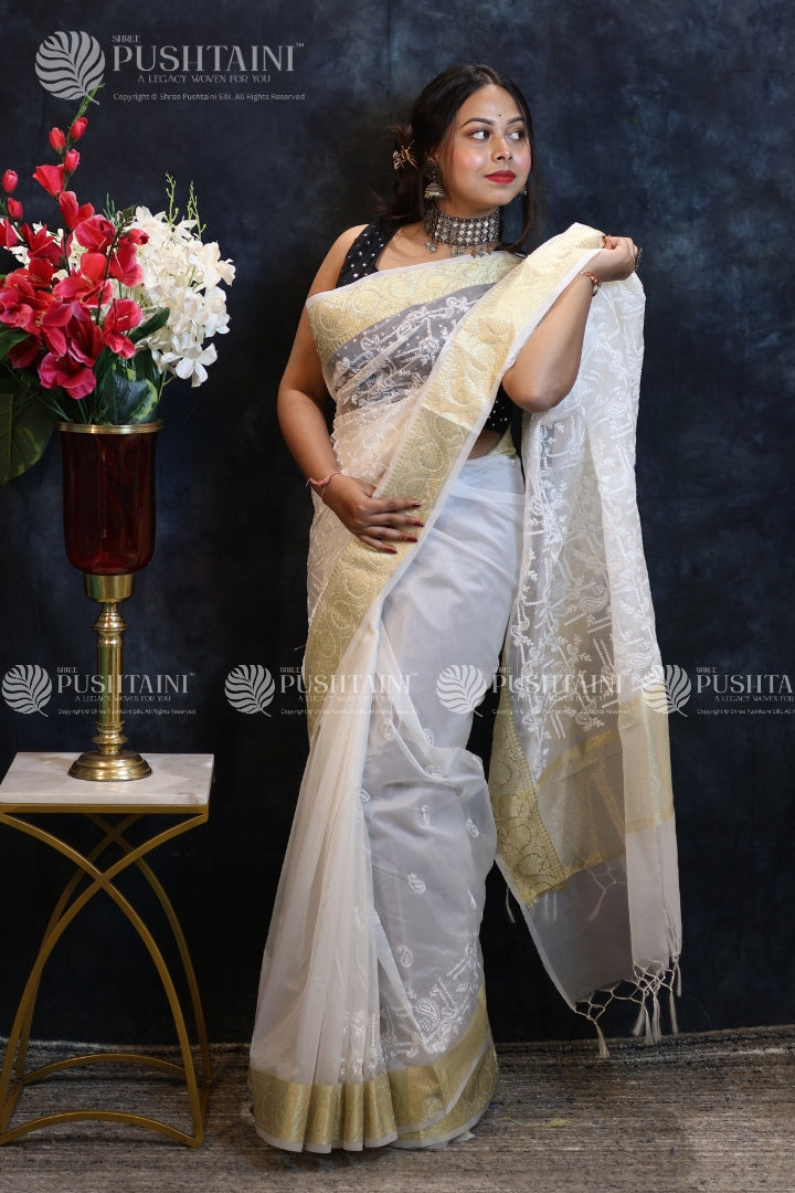 White Embroidery Fancy Saree