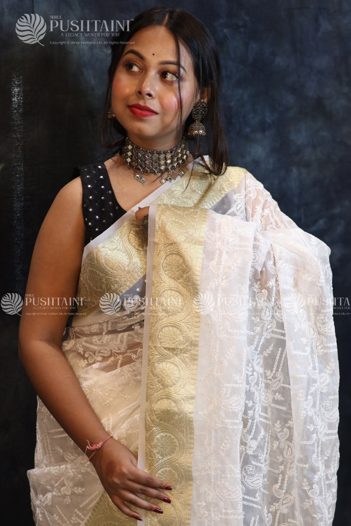 White Embroidery Fancy Saree