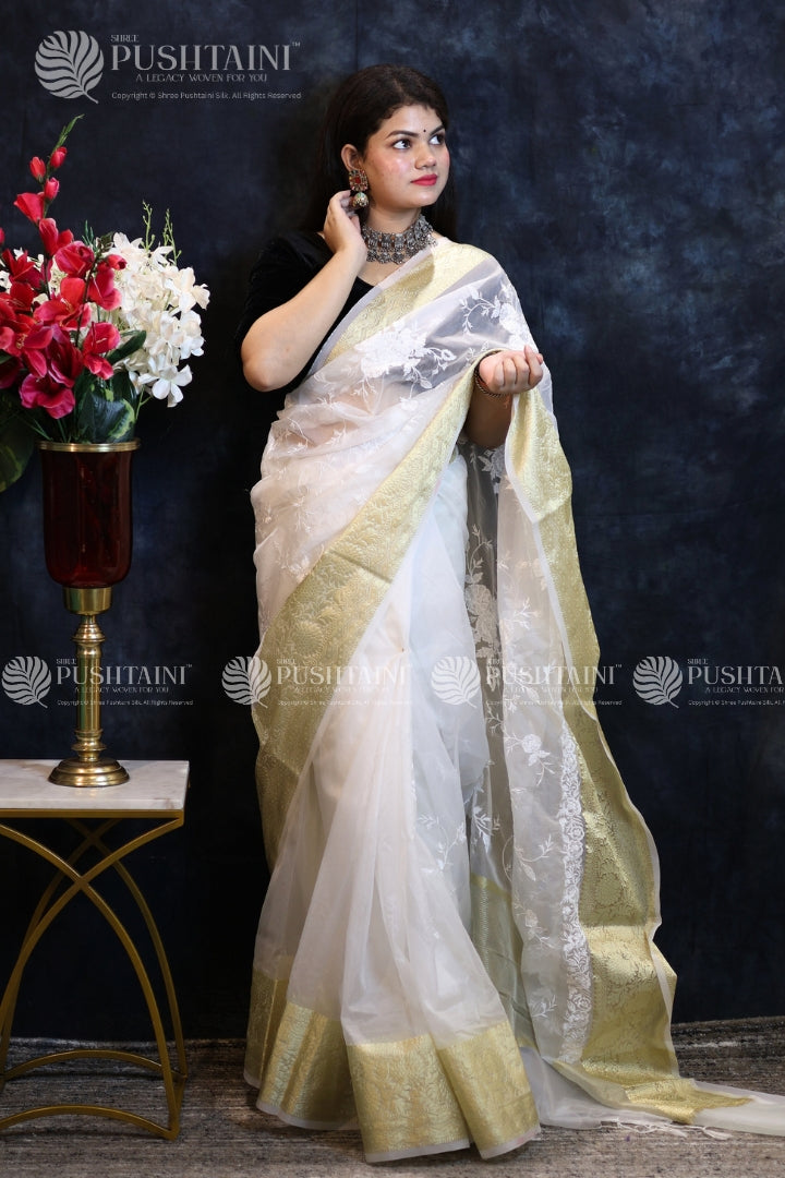 White Colour Embroidery Fancy Saree