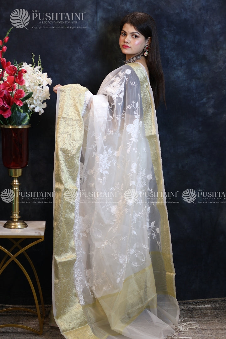 White Colour Embroidery Fancy Saree
