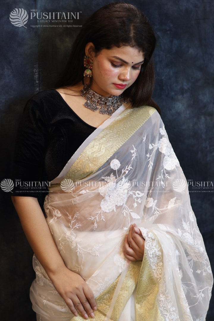 White Colour Embroidery Fancy Saree